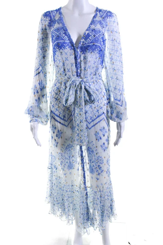Price Drop Alert Rococo Sand Womens Sheer Metallic Long Sleeve Flared Dress White Blue Price Drop Alert Rococo Sand Womens Sheer Metallic Long Sleeve Flared Dress White Blue