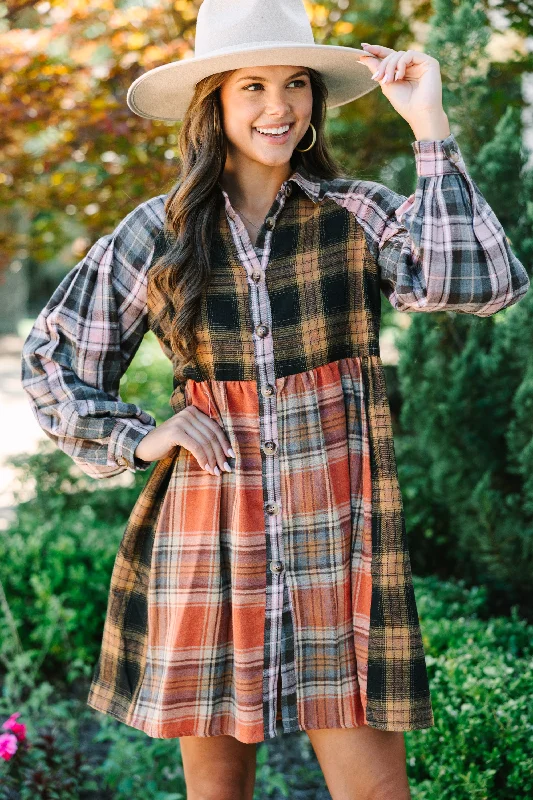 Deal Explosion Turn You Around Orange Plaid Dress
