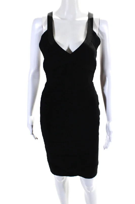 Midnight Madness Herve Leger Womens V-Neck Zip Up Strappy Bandage Bodycon Dress Black Midnight Madness Herve Leger Womens V-Neck Zip Up Strappy Bandage Bodycon Dress Black