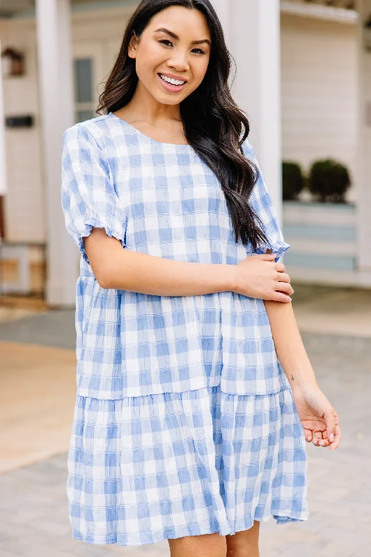 Online Only Pickin' Wild Flowers Light Blue Gingham Dress