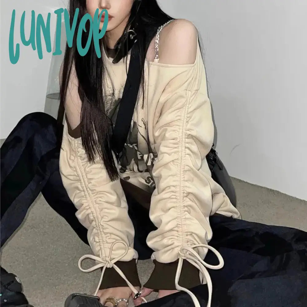Buy More, Save More Lunivop  Y2K Off Shoulder Hoodies Women Streetwear Oversized Print Sweatshirt Vintage Hollow Out Bandage Drawstring Pullovers Tops