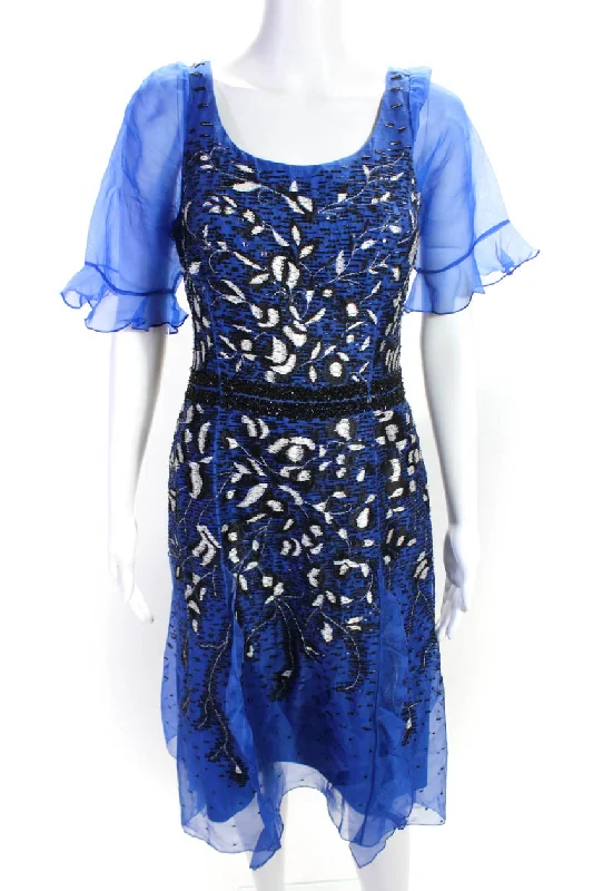 Online Exclusive Carolina Herrera Womens Beaded Ruffled Hem Short Sleeve Midi Dress Blue Online Exclusive Carolina Herrera Womens Beaded Ruffled Hem Short Sleeve Midi Dress Blue