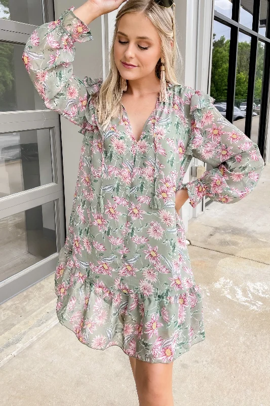 Fantastic Deals Let's Meet Up Green Tea Floral Dress