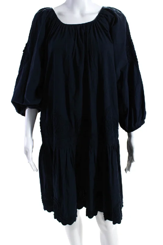 Year-End Sale 0039 Italy Womens Long Sleeves A Line Mable Dress Navy Blue Cotton