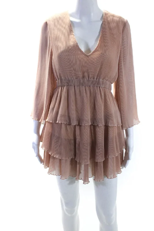 Discount Days Alice McCall Womens Lettuce Hem Accordion Pleat V Neck Tiered Dress Beige Discount Days Alice McCall Womens Lettuce Hem Accordion Pleat V Neck Tiered Dress Beige