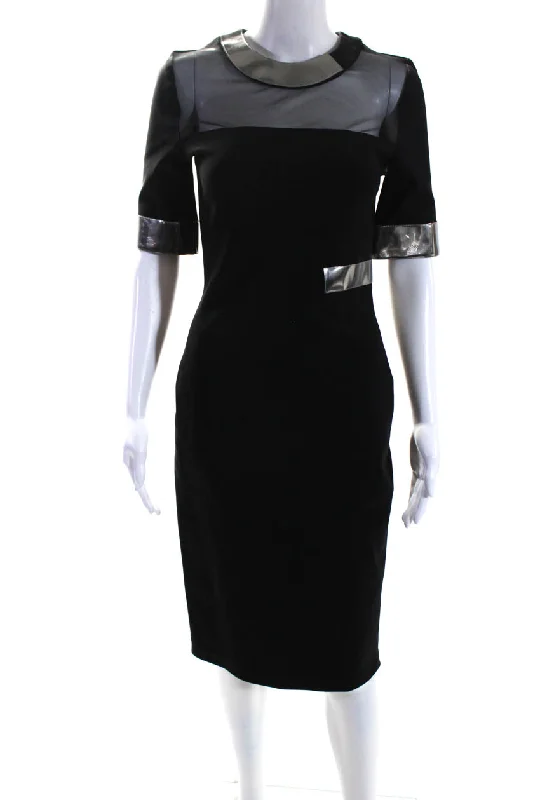 Special Price Mugler Womens Black Silver Crew Neck Zip Back Short Sleeve Shift Dress Special Price Mugler Womens Black Silver Crew Neck Zip Back Short Sleeve Shift Dress