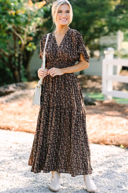 Final Clearance Out In The Open Brown Ditsy Floral Maxi Dress