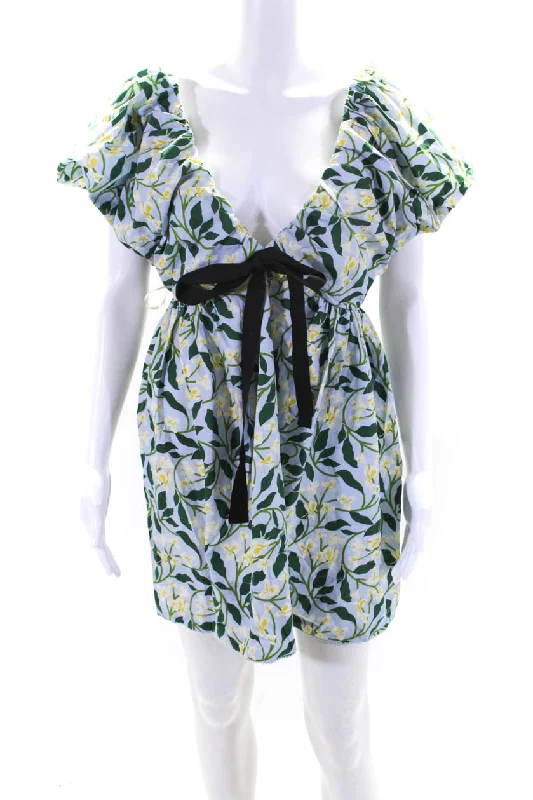 Discount Deals Agua Bendita Womens Blue Floral V-Neck Puff Short Sleeve Mini Dress