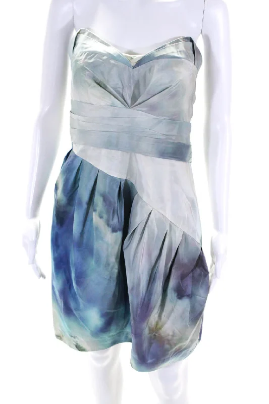 Best Seller Zac Posen Womens Silk Strapless Pleated Tie Dye Print Mini Dress Blue