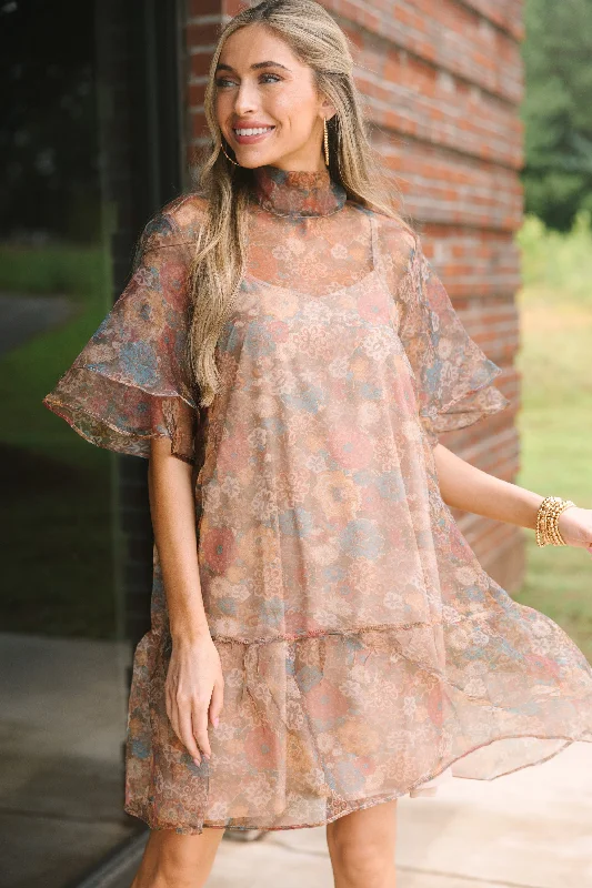 Price Reduction Take It Back Brown Floral Organza Dress