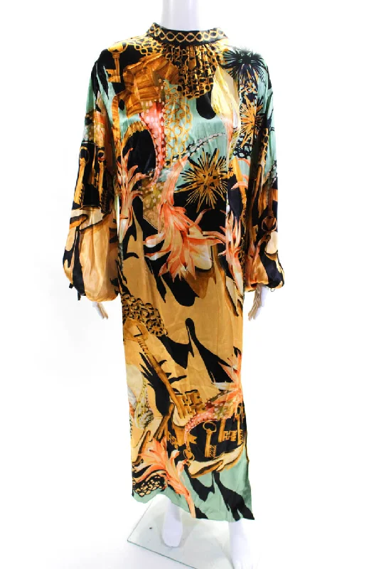Hurry In Temperley London Womens Graphic Print High Neck Low Back Maxi Dress Gold