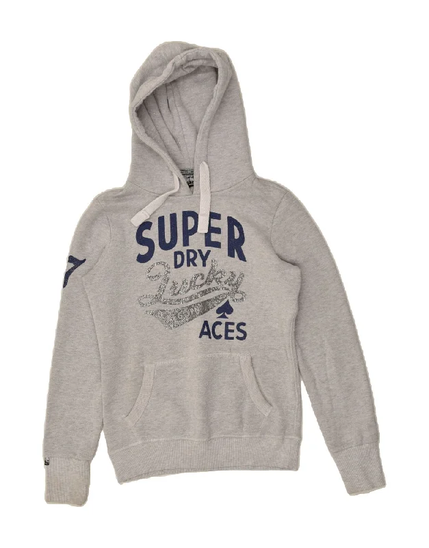 Massive Deals SUPERDRY Womens Graphic Hoodie Jumper UK 6 XS Grey Cotton