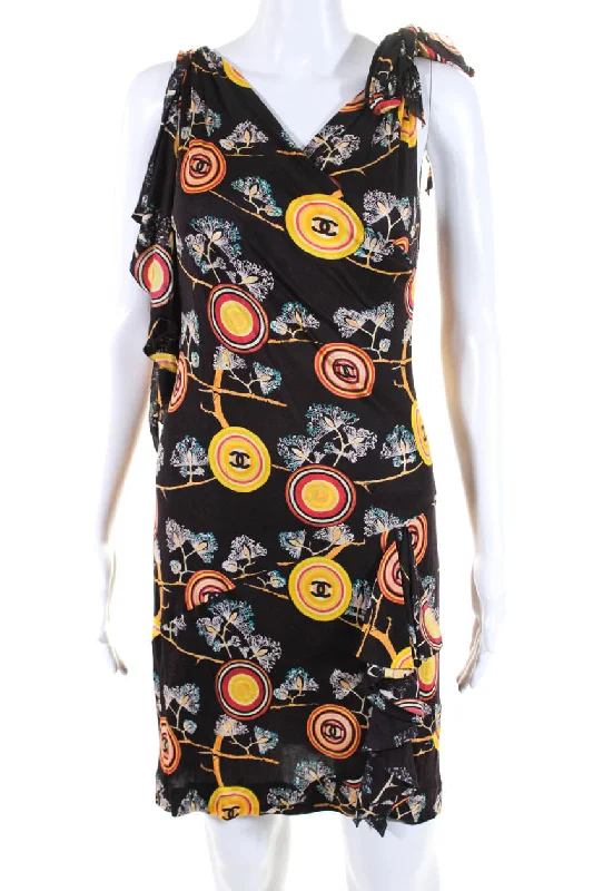 Huge Discounts Chanel 01P Womens Silk Printed Short Sleeves Body Con Dress Brown