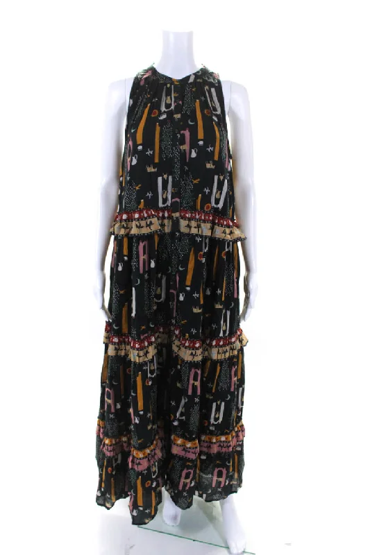Savings Event Carolina K Womens Buttoned Sleeveless Tiered Maxi Dress Navy Blue Tan