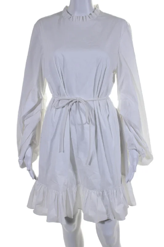 Bargain Bin Staud Womens Long Sleeves Belted Ruffled Neck Shirt Dress White Cotton