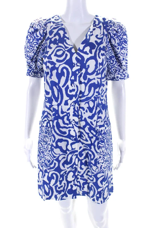 Final Sale Tanya Taylor Womens Puffy Short Sleeves Button Down Dress Blue White