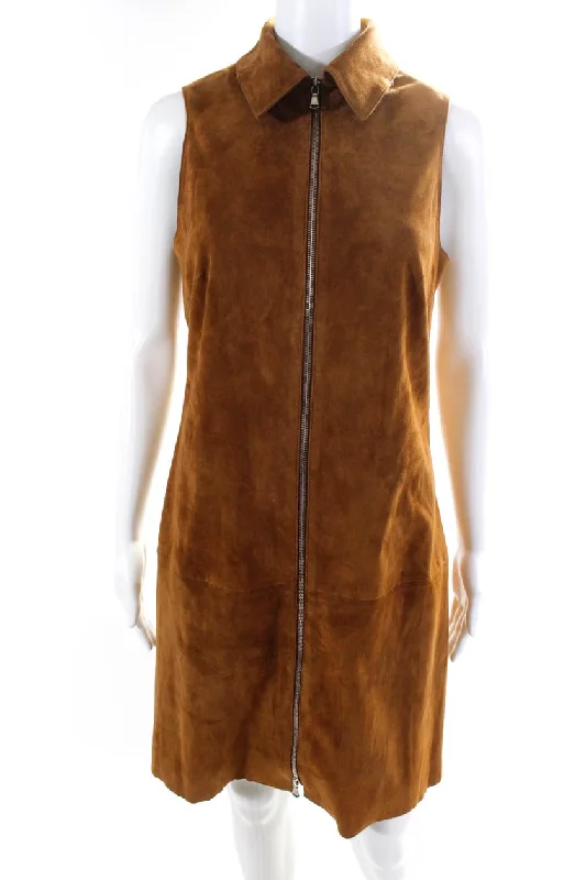 Last Chance Sharis Place Womens Lexwe Sleeveless Front Zip Suede Sheath Dress Brown