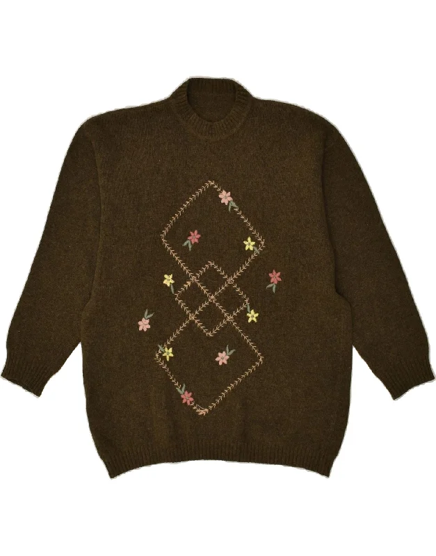 Overstock VINTAGE Womens Crew Neck Jumper Sweater UK 18 XL Khaki Floral Wool