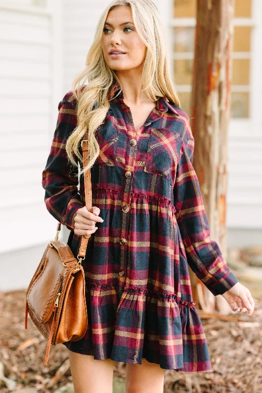 Shop and Save Find You Well Burgundy Red Plaid Dress