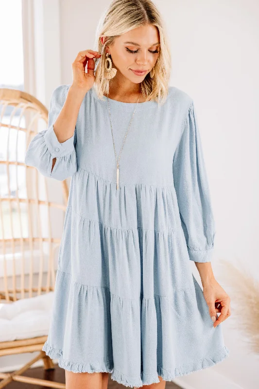 Discount Extravaganza Turn To Me Sky Blue Tiered Linen Dress
