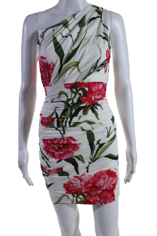 Final Markdown Dolce and Gabbana Womens One Shoulder Ruched Floral Dress White