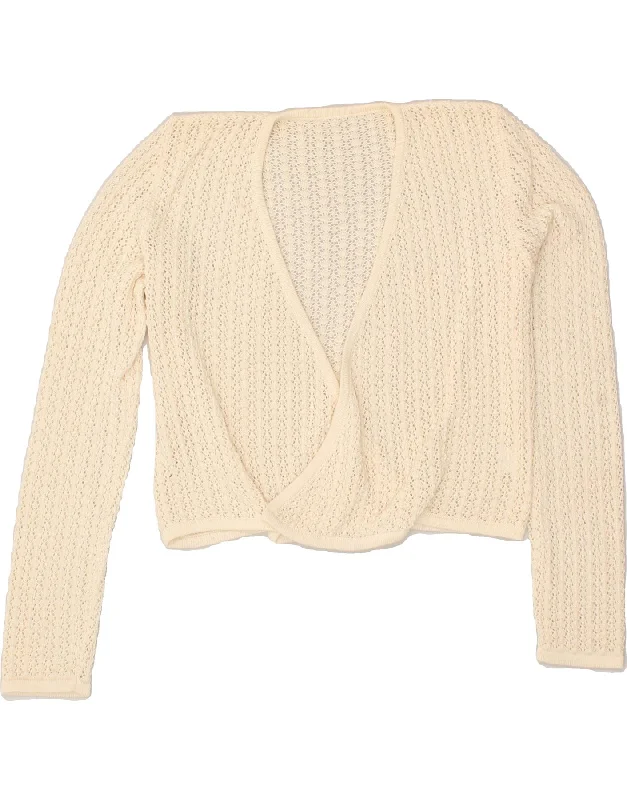 Super Deal VINTAGE Womens Crop V-Neck Jumper Sweater UK 12 Medium Off White