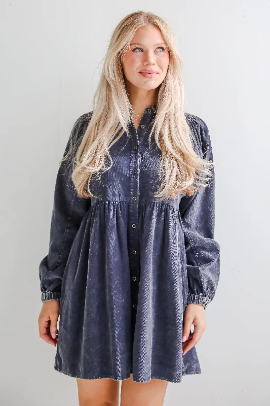 Unmissable Offer Cutest Expectation Charcoal Corduroy Babydoll Mini Dress