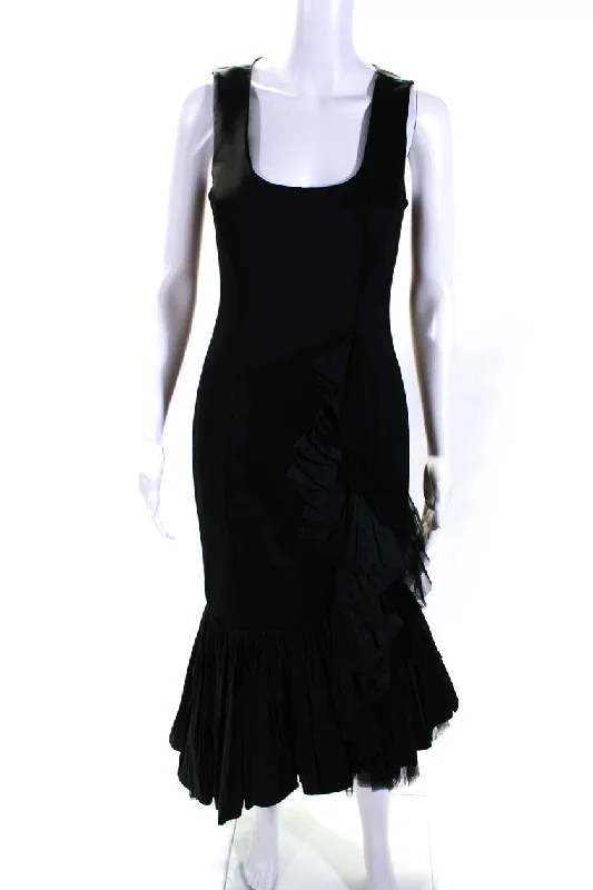 Quick Sale Badgley Mischka Womens Scoop Neck Pleated Ruffle Midi Flare Dress Black
