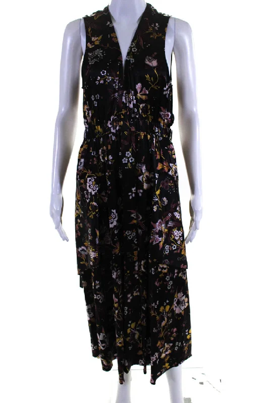Act Fast A.L.C. Womens Silk Floral Print Open Back V-Neck Sleeveless Dress Black