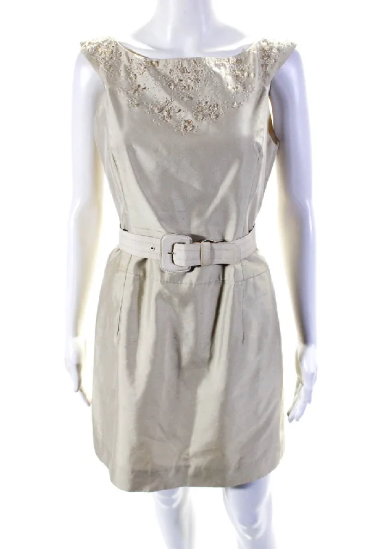 Huge Savings Carolina Herrera Womens Back Zip Beaded Belted Dress Beige Cotton