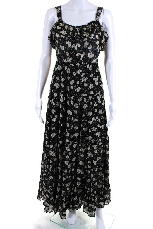 Super Sale Doen Womens Cotton Floral Print Ruffled Hem Sleeveless Sundress Black