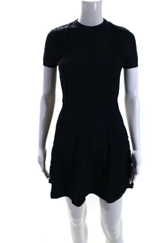 Act Now Valentino Womens Navy Blue Lace Trim Short Sleeve Fit & Flare Dress