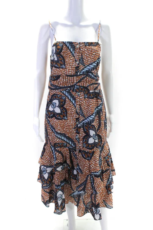 Steals and Deals Figue Womens Button Front Spaghetti Strap Abstract Dress Brown Blue Steals and Deals Figue Womens Button Front Spaghetti Strap Abstract Dress Brown Blue