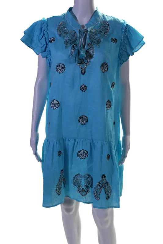 Today Only Tyler Boe Womens Linen Aimee Embroidered Ruffled A-Line Dress Blue