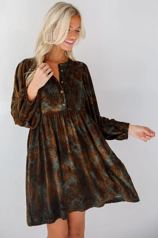 Season Finale Sale Gorgeous Whimsy Dark Green Velvet Floral Mini Dress