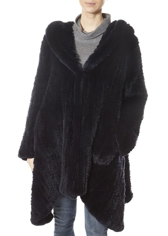 Price Rollback Navy Long Hooded Asymmetric Knitted Rex Rabbit Jacket