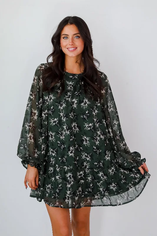 While Supplies Last Adorably Flirty Hunter Green Floral Mini Dress