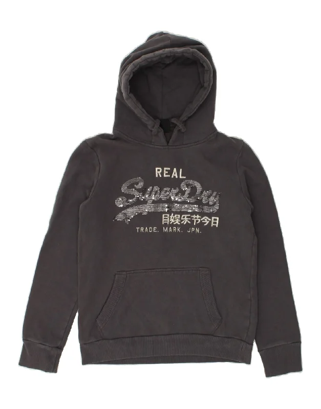Hurry In SUPERDRY Womens Graphic Hoodie Jumper UK 12 Medium Grey Cotton