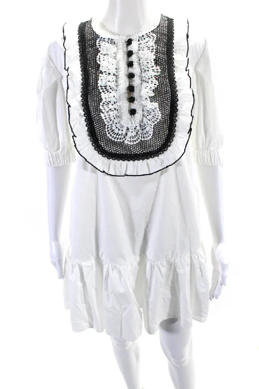 Friends and Family Sale Self-Portrait Womens Cotton Mesh Ruffled Buttoned Drop Waist Dress White