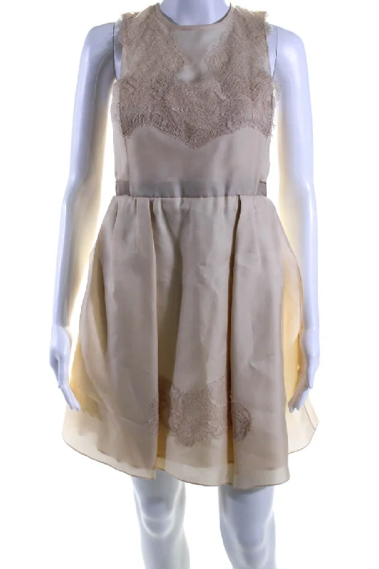 Deal Frenzy Carven Womens Lace Detail Sleeveless A Line Dress Beige