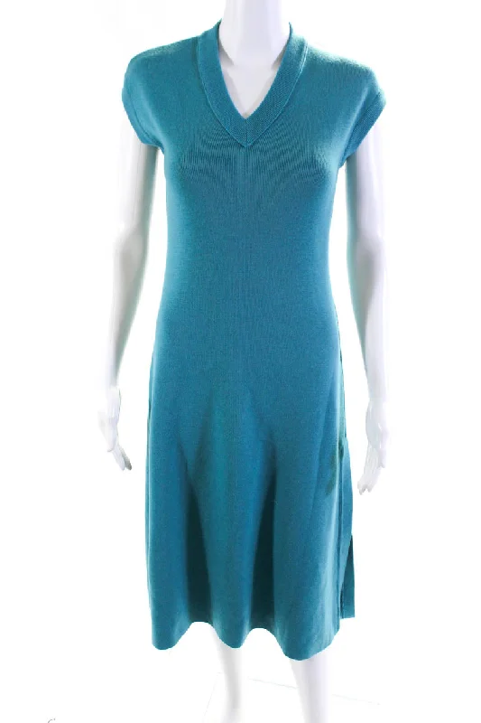 Sneak Peek Sale Cedric Charlier Womens 100% Wool V Neck Short Sleeved Sweater Dress Blue Sneak Peek Sale Cedric Charlier Womens 100% Wool V Neck Short Sleeved Sweater Dress Blue