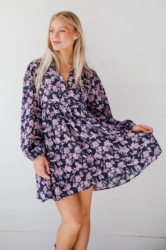 Exclusive Deal Chic Sense Navy Floral Babydoll Mini Dress