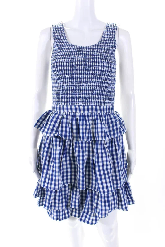 Season Finale Sale Rhode Womens Back Zip Smocked Tiered Gingham Dress Blue White Cotton Season Finale Sale Rhode Womens Back Zip Smocked Tiered Gingham Dress Blue White Cotton