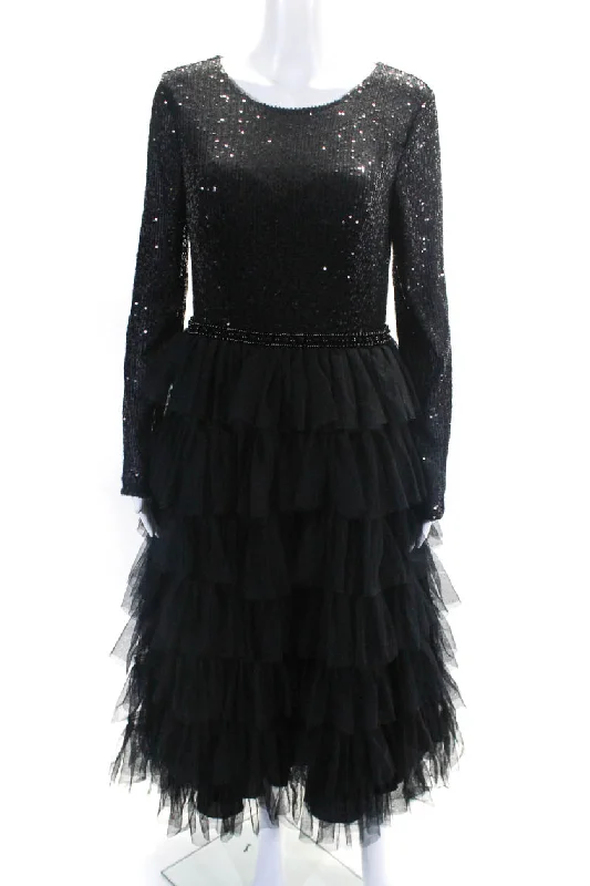 Online Exclusive Ieena MacDuggal Womens Tiered Tulle Long Sleeve Sequin Midi Dress Black Online Exclusive Ieena MacDuggal Womens Tiered Tulle Long Sleeve Sequin Midi Dress Black