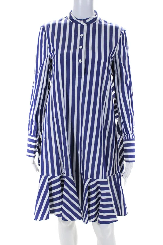 Year-End Sale Adeam Womens Ruffle Shirt Dress Navy/White