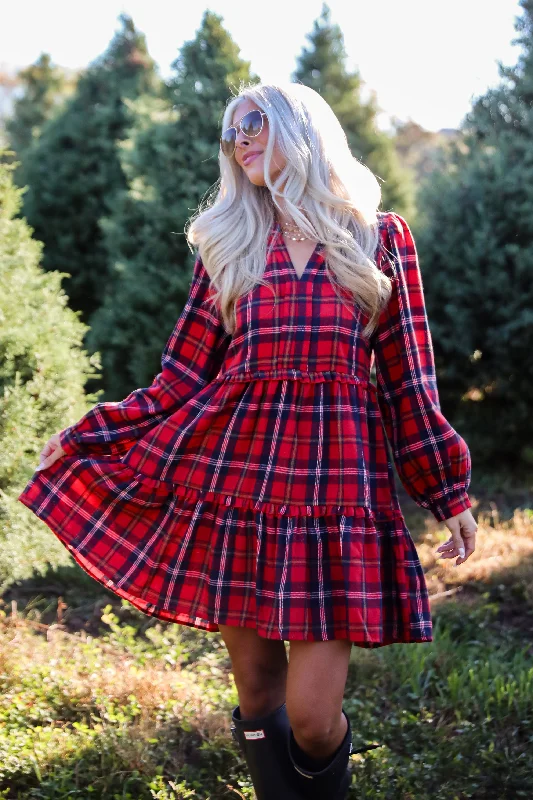 New Arrival Adorably Demure Red Plaid Tiered Mini Dress