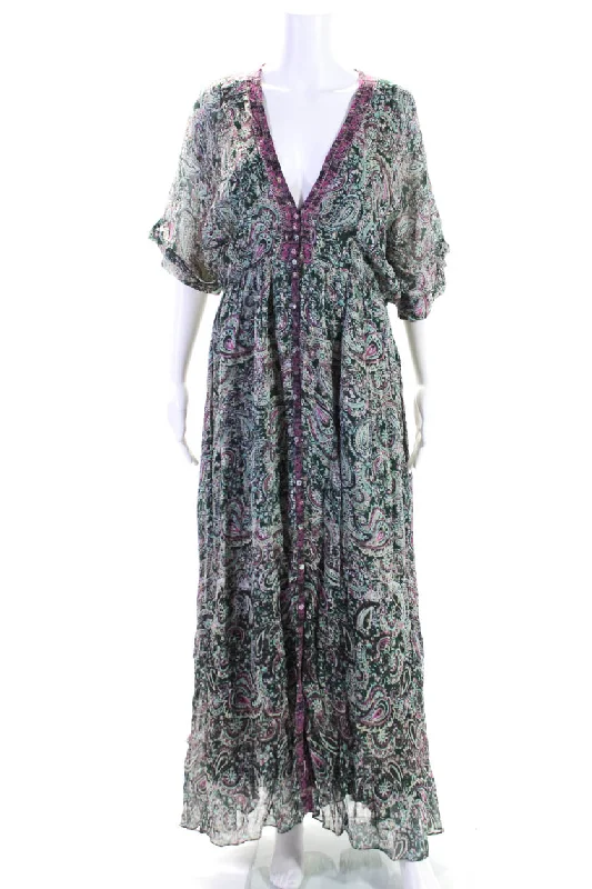 Best Bargains Rococo Sand Womens Metallic Paisley Print Short Sleeve Maxi Dress Green