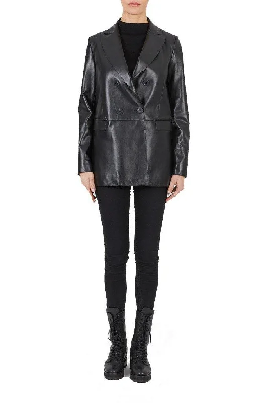 Extra Savings 'Valerie' Black Double Breasted Leather Blazer