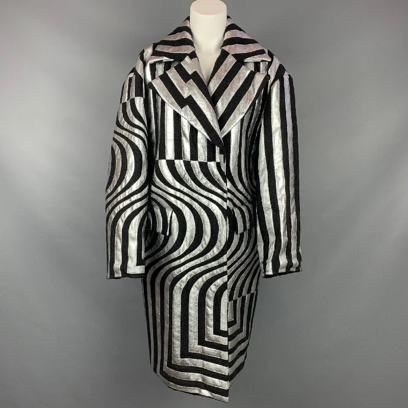 Price Smash DRIES VAN NOTEN FW 14 Size S Black & Silver Stripe Wool Blend Oversized Double Breasted Coat