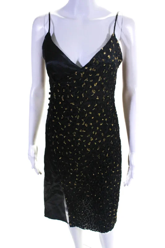 Super Deal Intermix Womens Spaghetti Strap Leopard Metallic Leopard Dress Black